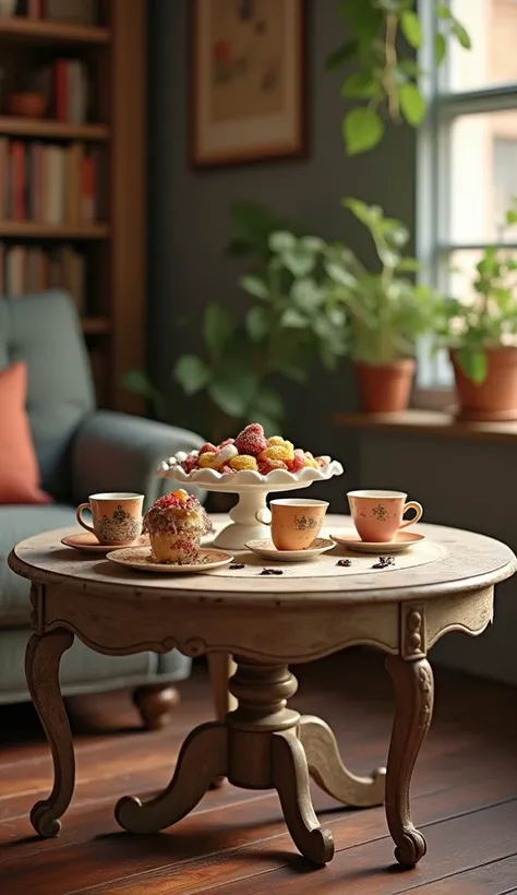 A small vintage coffee table, with cups and candies