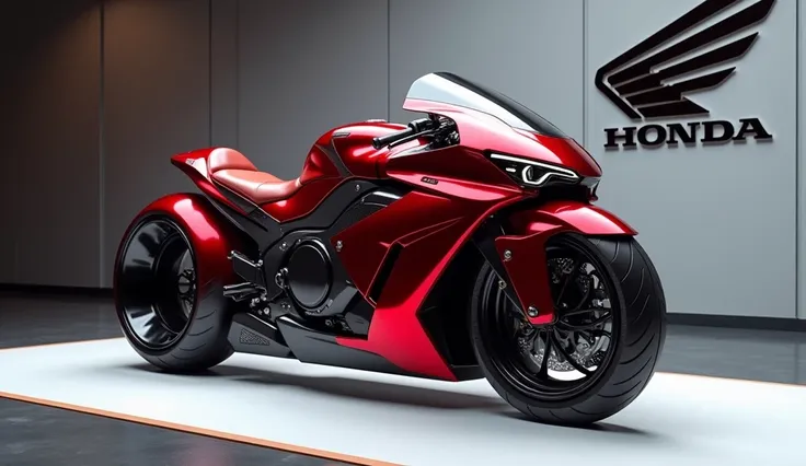 Generate a high-resolution, fully realistic image of a ( 2025 Honda Goldwing 1800 GL ) in ( red) , with a sleek and modern exterior, futuristic wheels, and a shimmering body color, displayed in a luxurious showroom with a large logo on the back wall. The i...