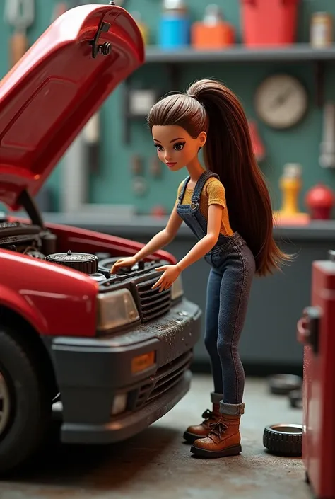 A Barbie mechanic big brown hair tie up with oil and grease stains in a garage repairing the engine