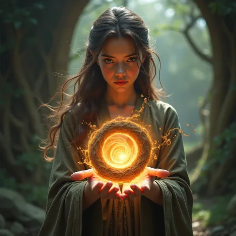 A beautiful magician girl in a magical robe holds an earthen vortex in her hands