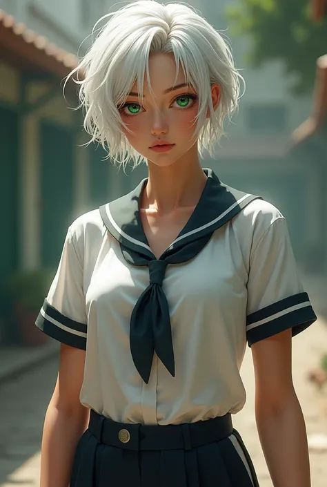 Photorealistic 18 year old tomboy athletic girl with athletic body, short white hairs and green eyes. In school uniform