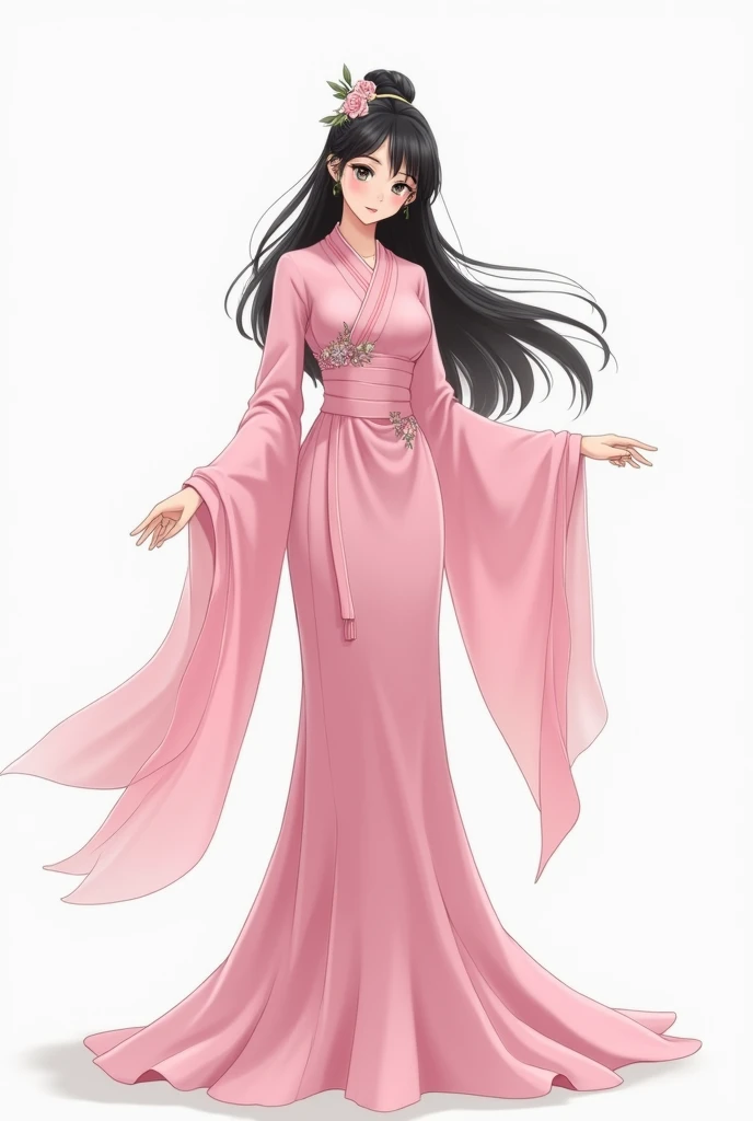  with an oriental feel on a white background,  wearing a pink long fairy suit ,  I cant see the silhouette of my body wearing all of my clothes, 옷을 전부 입고 있는, Carrying debt,  dancing fairy , Black hair, Immaculate skin, Delicate, slender, Animated 