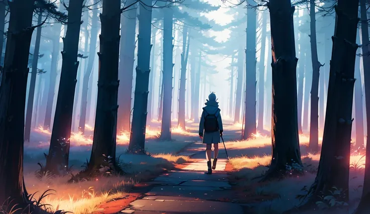 Foggy Night Walking Backward Girl Boy Anime 8K HD High Resolution Forest 