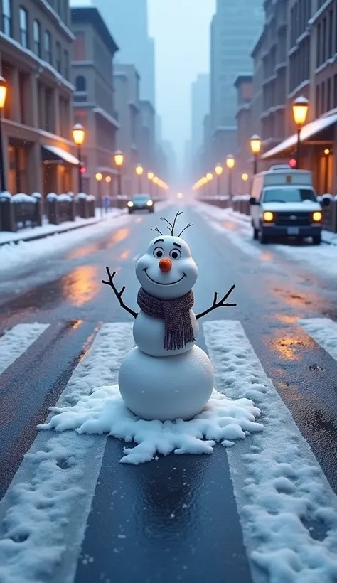 A snowman in a human-like pose is sitting in the scene of an urban street intersection covered with ice and snow. From a top-down view. Close-up of a Pixar style snowman