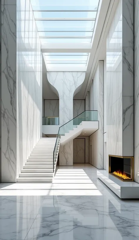 A cinematic living room featuring towering walls of book-matched Statuario marble with bold veining that cascades like a waterfall. The seamless white marble flooring with faint platinum undertones creates a strikingly polished base, further illuminated by...