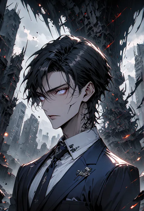 A stylized anime portrait of a tall, lean young man with sharp, defined features and high cheekbones. He has striking silver eyes that convey intelligence and hidden intensity. His jet-black hair is neatly styled with a slight part, suitable for a corporat...