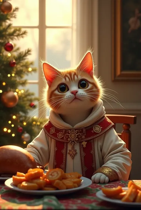  Round-eyed meowing cat , Put on the robe of the Holy Faith ,Eat turkey for dinner ,  Christmas tree near the restaurant,  Sunlight outside the window .