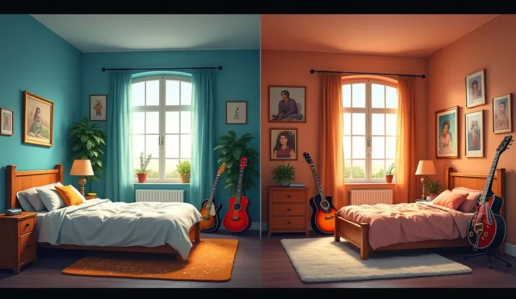  the image shows two bedrooms separated by a wall , the first bedroom has a king size bed and an open window, It is of an adult woman , The second room has a bed and a closed window and belongs to a girl who likes music and is decorated with guitars, poste...