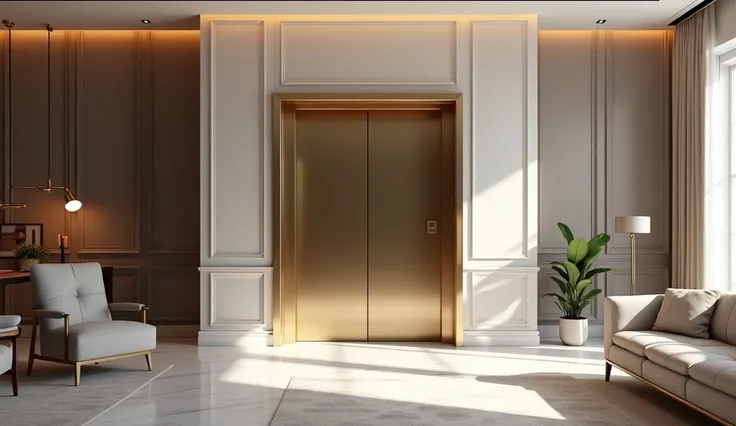 in front of the elevator entrance of a company office, the elevator is in the middle, surrounded by a luxurious company office with white light, sofa, desk and chair