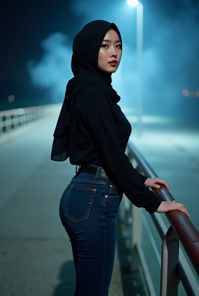 full body photography ,  A Korean woman is very beautiful, round face, fair skin,  slightly chubby body .  Wearing a black long-sleeved turtleneck,  mini watch , Mini necklace , black hijab,  navy blue jeans , high heels. standing on the bridge,  with a be...