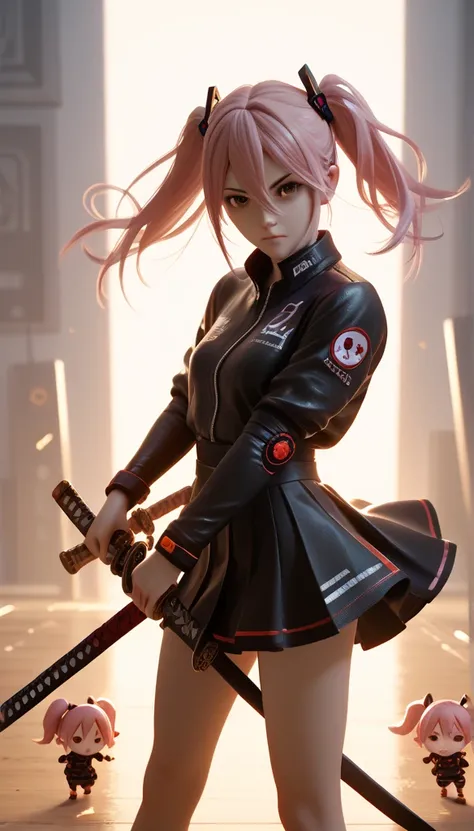 Future Costumes, 1 girl, Pink Hair, Brown Eyes, Hair Between Eyes, 3D Cartoon, Looking at viewer, No Background, Twintails, Chibi, Action Figure Holding A Katana, Stand, Skirt, Action Painting, Backlighting, Minimalism, 