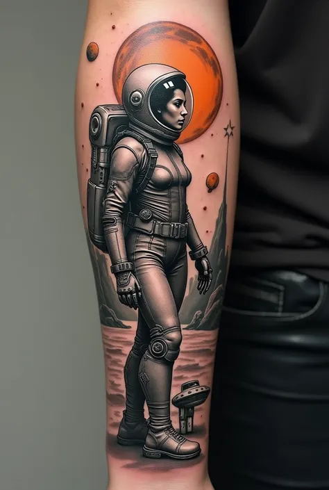  Create a realistic forearm tattoo .  Create strong lines with lines and contours . Create in Leonardo Da Vince style .  In this image create a woman in an astronaut costume wearing a futuristic glass helmet and wearing a special boot with orange robotic p...