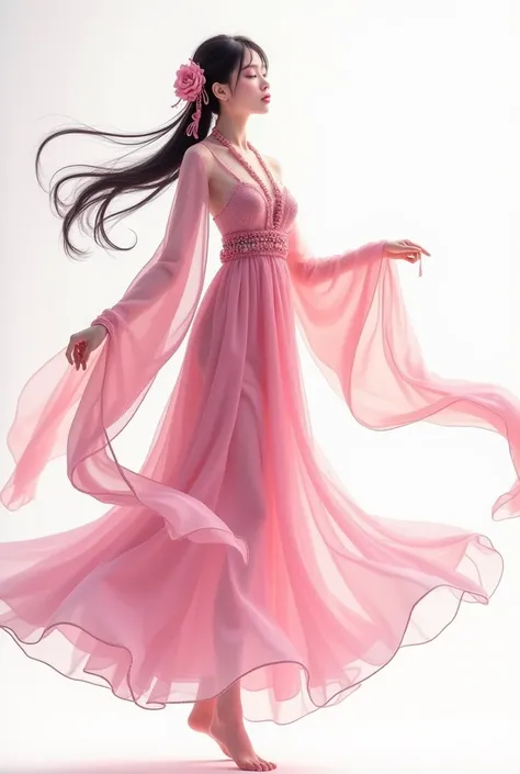  with an oriental feel on a white background,  wearing a pink long fairy suit ,  I cant see the silhouette of my body wearing all of my clothes,  clothes, Carrying debt,  dancing fairy , Black hair, Immaculate skin, Delicate, slender, Animated , Wearing al...