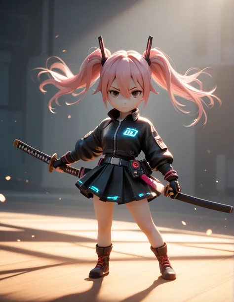 Future Costumes, 1 girl, Pink Hair, Brown Eyes, Hair Between Eyes, 3D Cartoon, Looking at viewer, No Background, Twintails, Chibi, Action Figure Holding A Katana, Stand, Skirt, Action Painting, Backlighting, Minimalism, Full Body