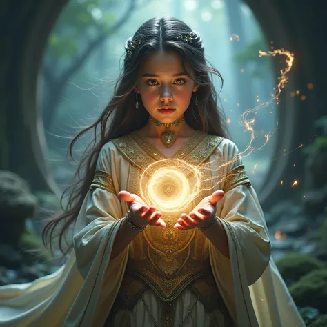 A beautiful magician girl in a magical robe holds a stone vortex in her hands