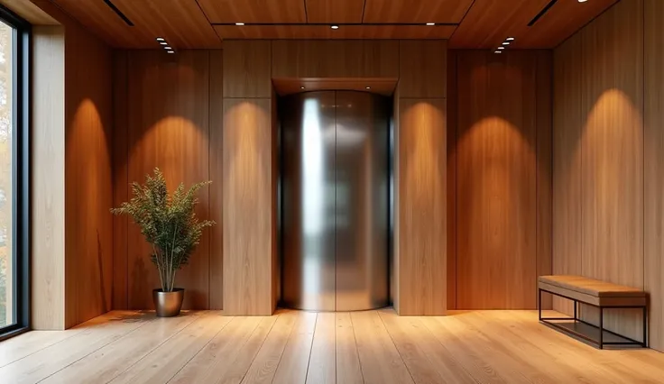 Wooden showroom, with stainless steel elevator in the middle of the room