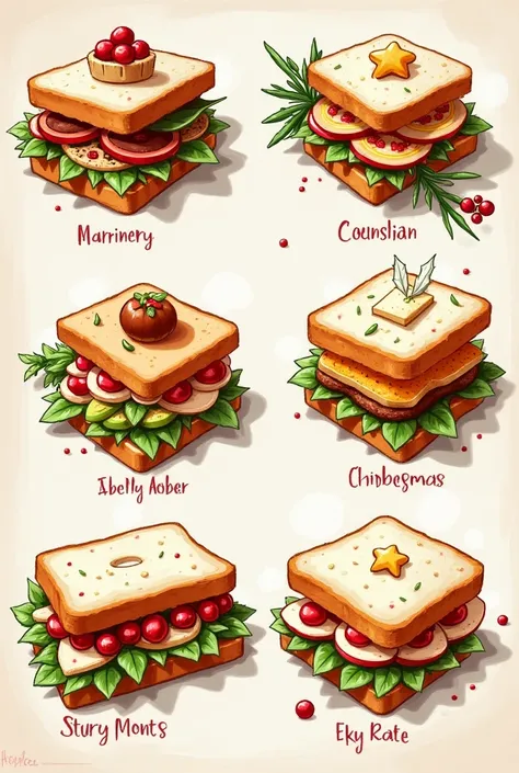 Create digital sketches of a menu decorated with Christmas sandwiches. 