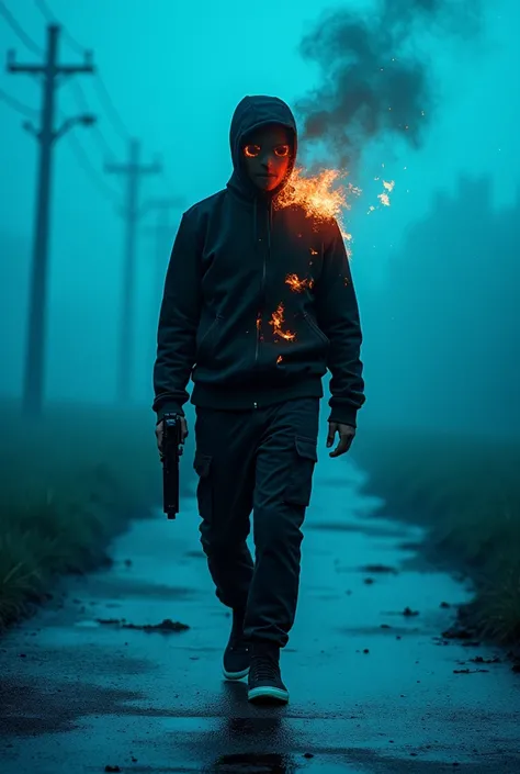 Headless dressed in black , with modern sneakers walking forward with the body with many lights on the body blue apocalyptic background with gun in the hand burning body blue