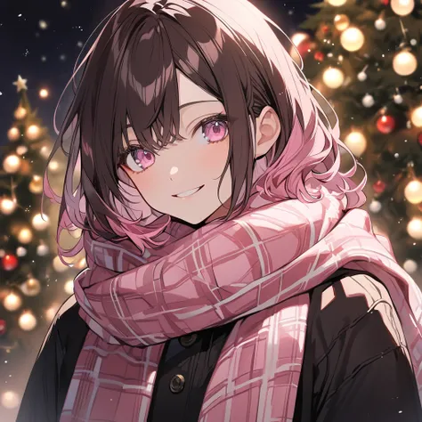   handsome, Alone,  1 Woman ,  medium hair,  dark brown hair , Pink highlights on the tips,  pale pink eyes,Checked scarf， Christmas tree ，smile