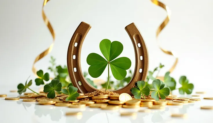 A composition of traditional New Year symbols like a horseshoe, clover, and golden coins arranged alongside celebratory decorations on a bright white surface.