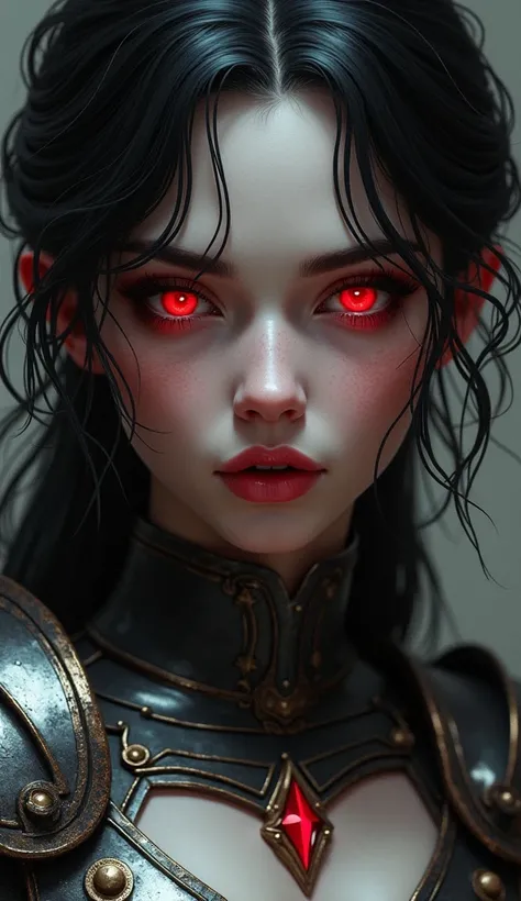 A digital artwork of a young vampire woman with vibrant black hair with slight waves and white streaks, bright red pupils, with individual details in the white hair strands and bright reflections in the eyes, delicate lips parted showing her vampire fangs....