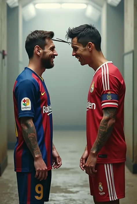 Lionel messi wearing his team barcelona jersey and cristiano ronaldo cutting messi hair wearing his team realamandrid jersey