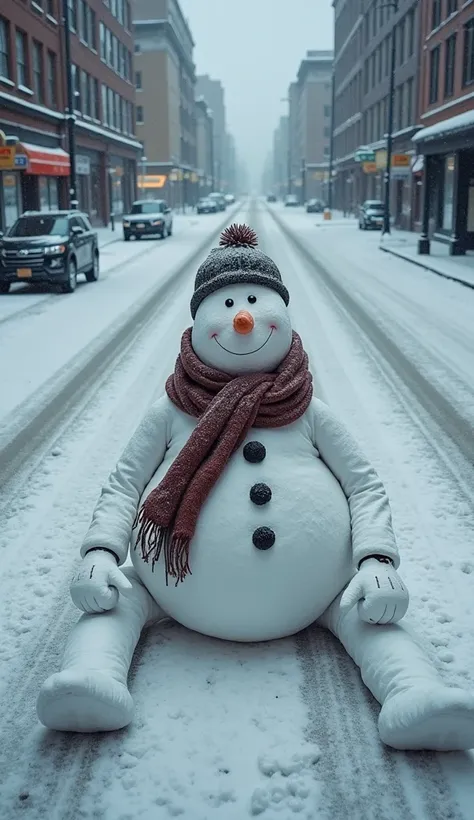 Close-up of an oversized snowman posing as a human， sits at an intersection of snow-covered city streets。Birds eye view