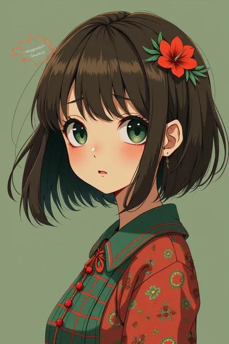 1girl, ((half-body view)), old anime style, big eyes, ai-generated, a lot of details, derealization effect, heterochromia, green and black eyes, smiling, weird hairstyle, one side short another side long, brown hair with red and green fluffy, outfit made o...