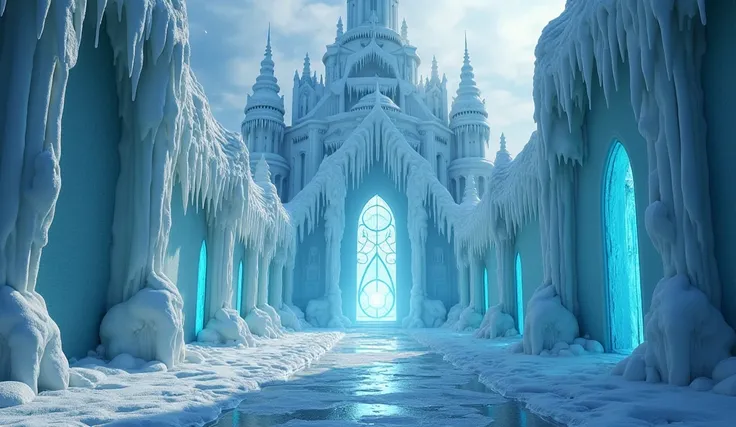  Photorealistic professional movie, movie scene ,  the majestic Ice Palace sparkling under the rays of the winter sun,  magical fantastic architecture , creating a grand spectacle .  Majestic ice walls ,  sparkling towers ,  crystal bridges , ice figures ,...