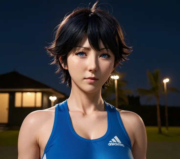 1girl, obatake hinata, mature female, huge breasts, tomboy, solo, black hair, short hair, spiked hair, wispy bangs, blue sportswear, blue eyes, tsurime, half-closed eyes, night, outdoors, 2023