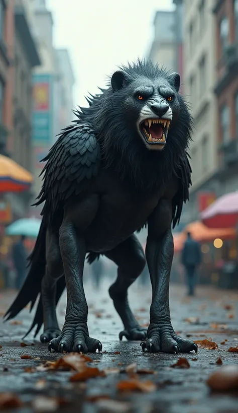 Crow combine with  lion stand in city with angry face and wide muscular body and realistic