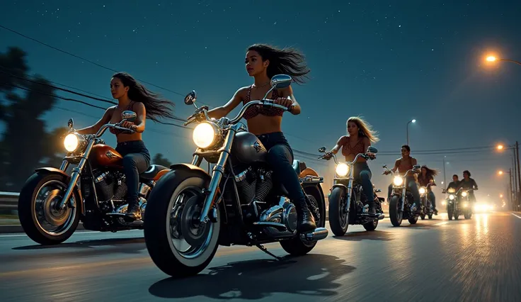 A group of sexy beautifull and big breasted stylish female bikers speeds down a starlit road, their skirts flowing and hair wild. The night sky sparkles as they weave through the empty streets, leaving trails of light behind.