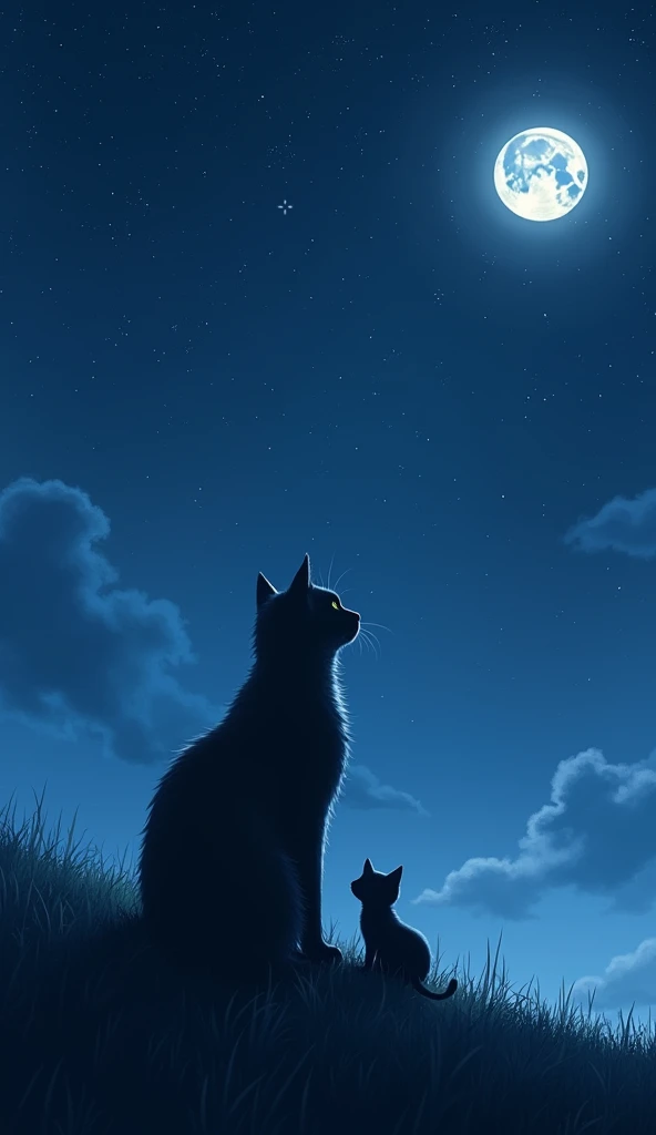 "On a quiet hillside at night, a father cat sits tall with his kitten leaning against his side. Both look up at the starry sky, their silhouettes framed by the soft glow of the moonlight."