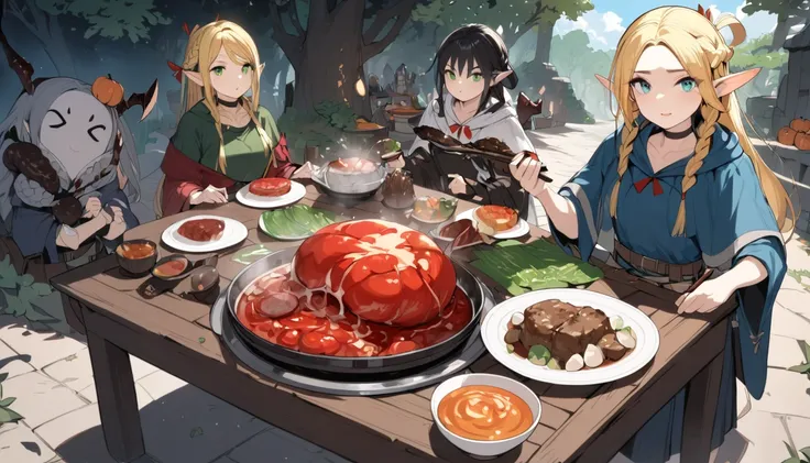 (masterpiece,  is the best quality:1.2), Fantasy Art.  Panoramic Wide Angle ,   Food Series  ,  Dungeon Food ,   Many Dyed of Dungeon Foods, (1 Girl,  unique , Elf, blond,  long hair, braid, twin braids, Pointed ears,  green eyes , choker, cloak, skirt, be...