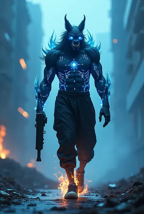 Hybrid muscular headless animal dressed in black, with modern sneakers walking forward with the body with many lights on the body blue apocalyptic background with gun in the hand burning body fire blue