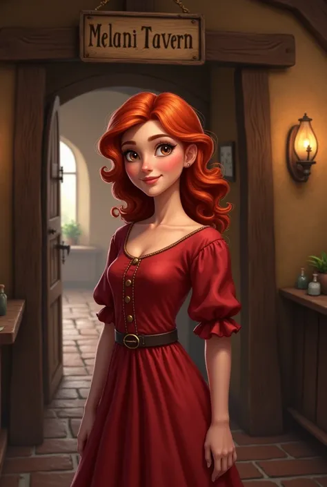 in a medieval tavern,a red - clothes curly -haired young women is smiling sweetly. Therr is a door behind her.Above the door is the name "Melanis Tavern".