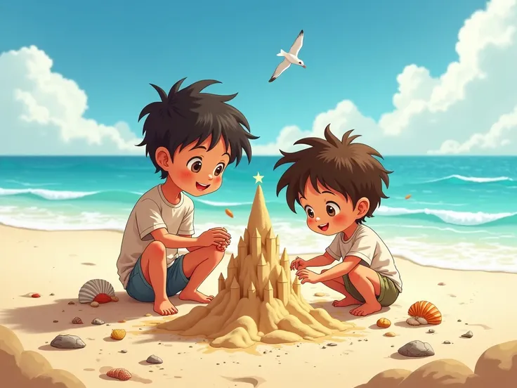 ren are playing by the seashore, building sandcastles.