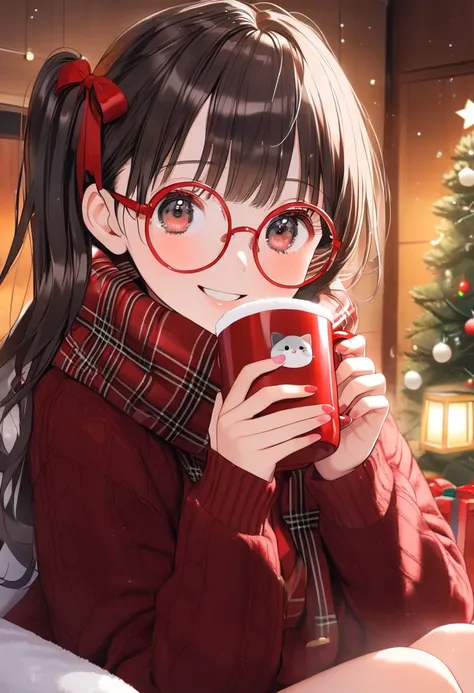 1girl, , Elementary school girl, brown hair, big eyes, black eyes, ((red round eyewear)), side ponytail, smile, blushful, cute, kawaii, short stature,
looking at viewer, long sleeves, sitting, indoors, sweater, feet out of frame, holding cup, steam, knees ...