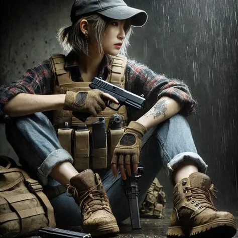 8k,  Photorealistic、 Realistic Skin Texture 、、 Japanese Civilian Woman 、Troop Commander、SIG SAUER khaki XM7 assault rifle、、Age 30、Veteran presence、Flannel shirt、Cold protection、 cap、 sneakers、 perfect eye details 、mercenary、Veteran Warrior、Tattoo、、、 Bullet...