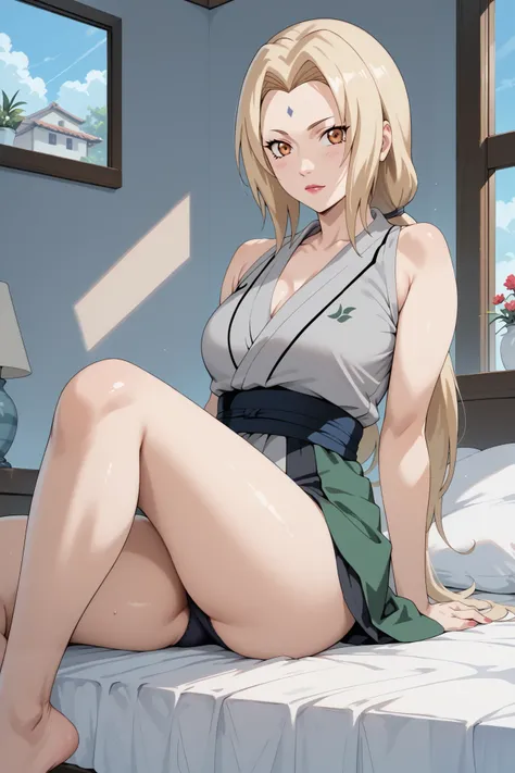 Masterpiece,high quality ,4k,plain silver baground,solo,1 girl ,tsunade senju,large breats,slim body,beauty legs,grey sleeveless kimono,looking at viewers,bed room 