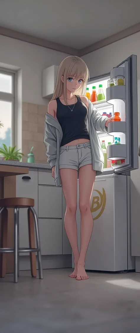 In professional realistic photography style, a young blond girl with blue eyes and straight hair wearing a black tank top and a gray coat that is falling off her shoulders and a short white shorts is barefoot lowered in front of the refrigerator taking a s...