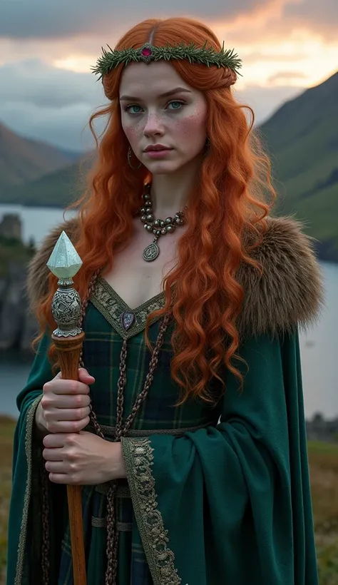 **Prompt:**  

A striking and ultra-realistic portrayal of Scotland as an enchanting "Game of Thrones"-style character, blending timeless beauty with an air of rugged elegance. This character is a stunning woman with fiery auburn hair that tumbles in wild ...