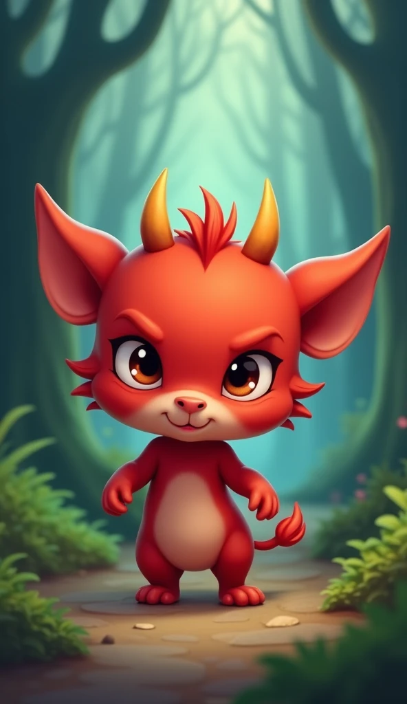 A mischievous red baby with two small horns on its head, giving off a playful but adorable vibe. A neutral expression with slightly sly eyes. Background: a mysterious cartoon forest. make cute clothes.