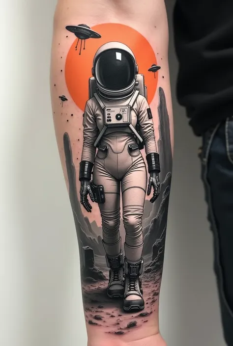  Create a realistic forearm tattoo . Create in black and gray with strong lines and outlines . In this image, create a woman in an astronaut costume wearing a futuristic glass helmet and wearing a special boot with robotic props..  Create an alien next to ...