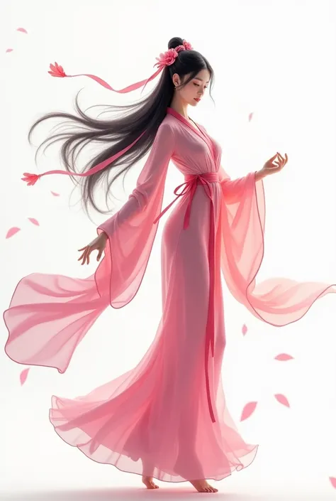  with an oriental feel on a white background,  wearing a pink long fairy suit , Silhouette not visible ,  clothes, Clothes that dont make you feel big, Carrying debt,  dancing fairy , Black hair, Immaculate skin, Delicate, slender, Wearing all the colorful...