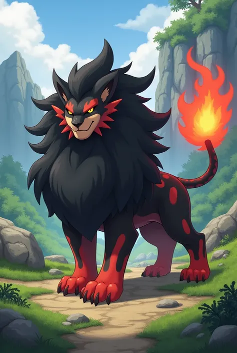 Lion as a pokemon named leo. He should be dark and fire type. He should be in black colour and his tail should have flames. The graphics of image should be exactly like kalos region