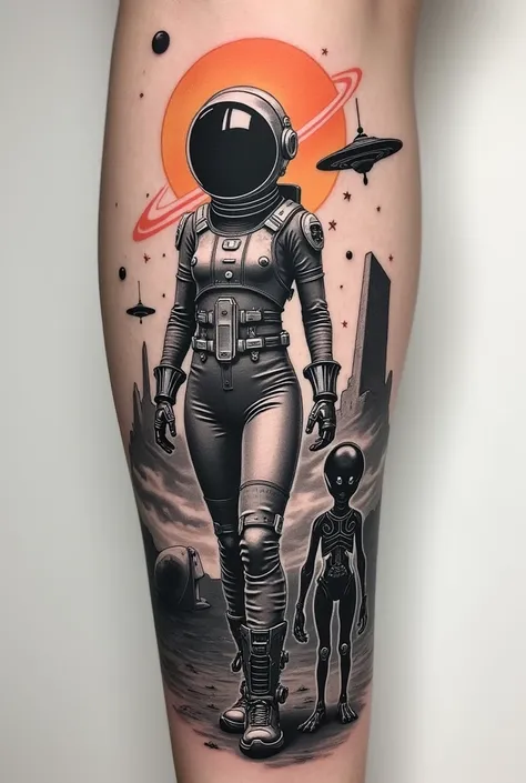  Create a realistic forearm tattoo . Create in black and gray with strong lines and outlines . In this image, create a woman in an astronaut costume wearing a futuristic glass helmet and wearing a special boot with robotic props..  Create an alien next to ...