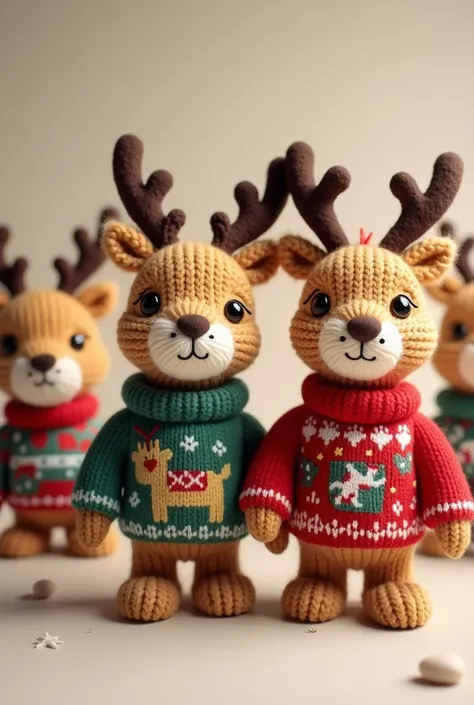 knitted deer faces, deer toys in Christmas sweaters, 3d illustration, cartoon style --s 250