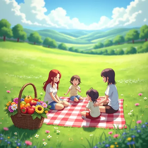 A picnic on a green meadow with a basket of fruits and flowers