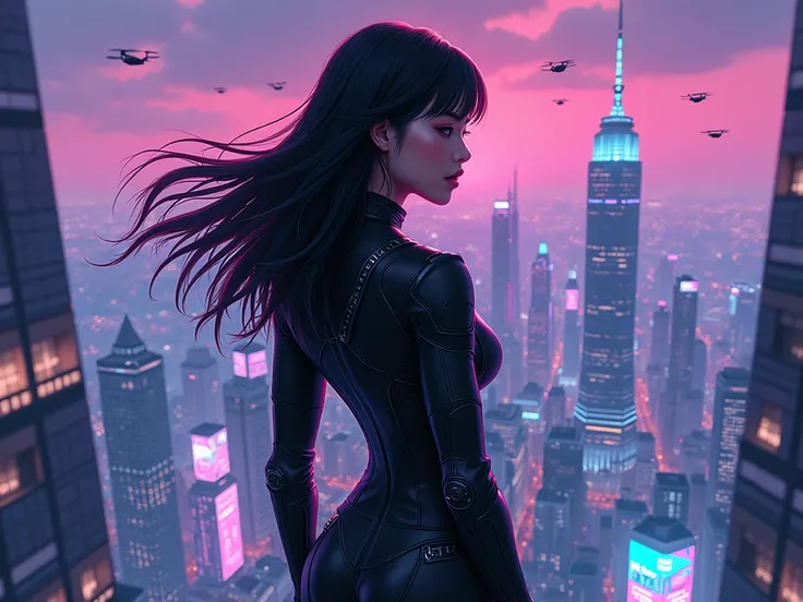 cartoon style, cyberpunk aesthetic, a 20s Korean woman with sleek waist-length black hair, wearing a fitted black biker suit with subtle futuristic details, standing confidently on top of a tall skyscraper, overlooking a sprawling neon-lit city at night, g...